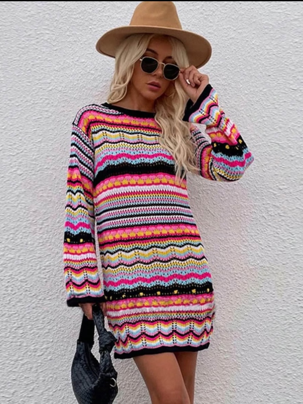 Striped Multicolor Crochet Sweater Dress/Coverup